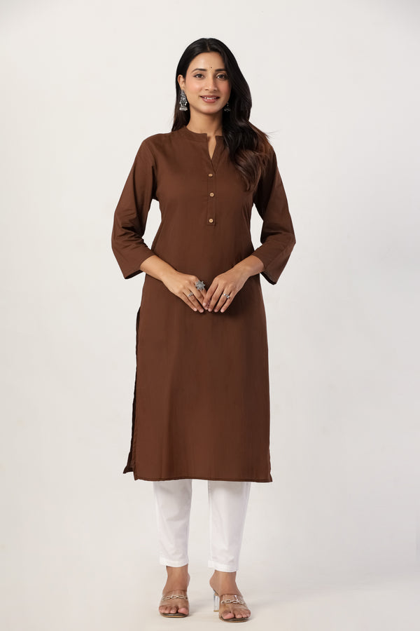 Women's Brown Solid Straight Long Kurti