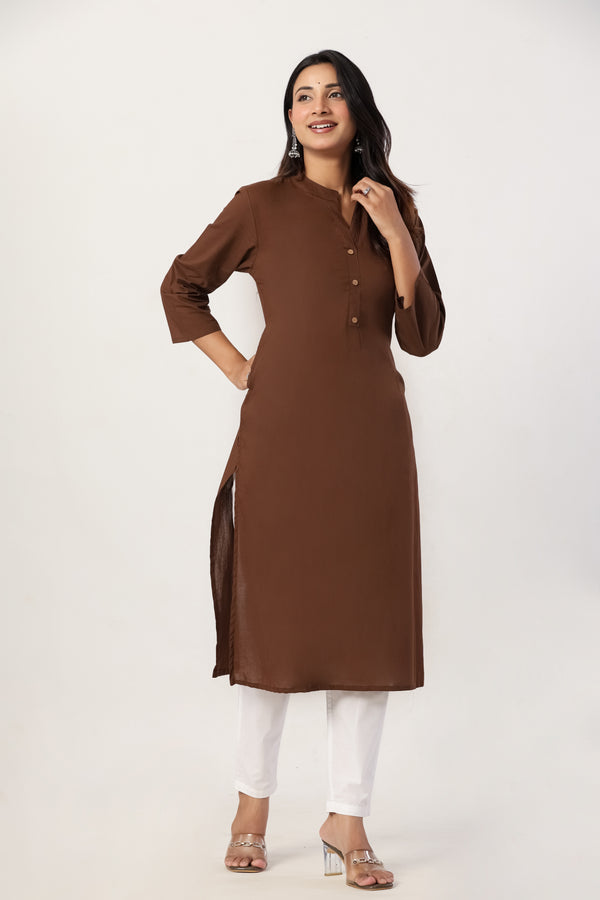 Women's Brown Solid Straight Long Kurti