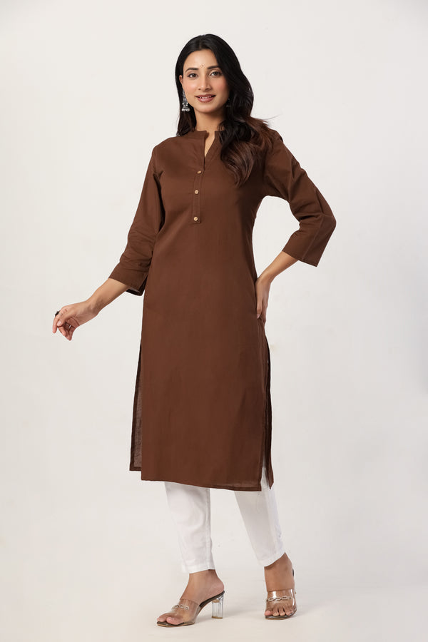 Women's Brown Solid Straight Long Kurti