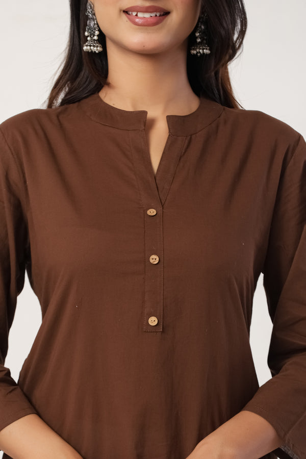 Women's Brown Solid Straight Long Kurti