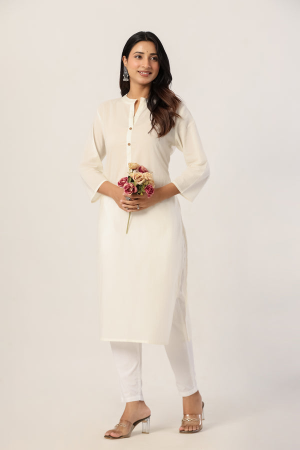 Women's Ivory Solid Straight Long Kurti
