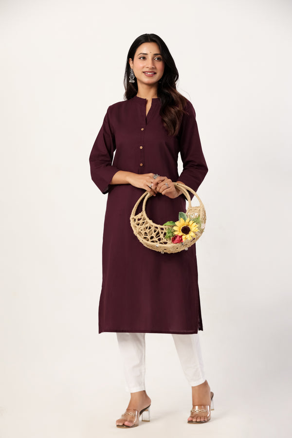 Women's Wine Solid Straight Long Kurti