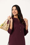 Women's Wine Solid Straight Long Kurti