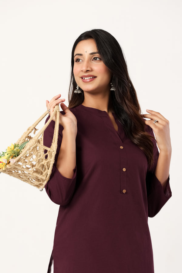 Women's Wine Solid Straight Long Kurti