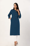 Women's Teal Blue Solid Straight Long Kurti