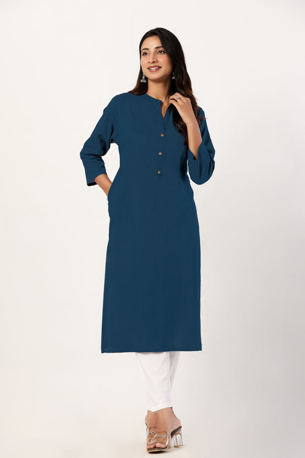 Women's Teal Blue Solid Straight Long Kurti