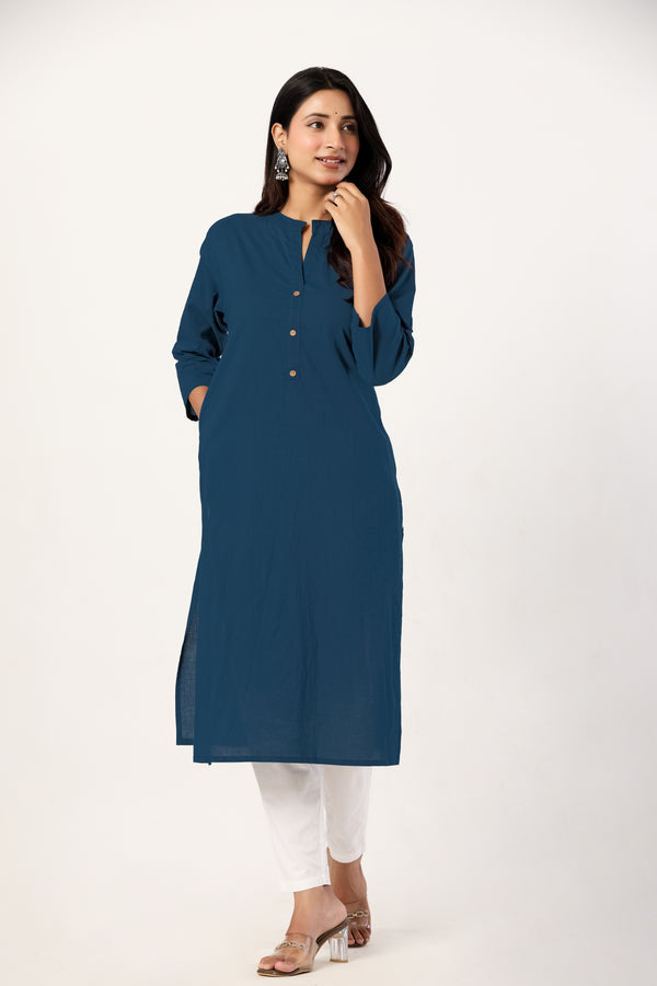 Women's Teal Blue Solid Straight Long Kurti