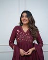 Women's Wine Floral Detail Anarkali Suit Set with Dupatta