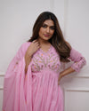 Women's Pink Floral Detail Anarkali Suit Set with Dupatta