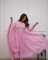 Women's Pink Floral Detail Anarkali Suit Set with Dupatta