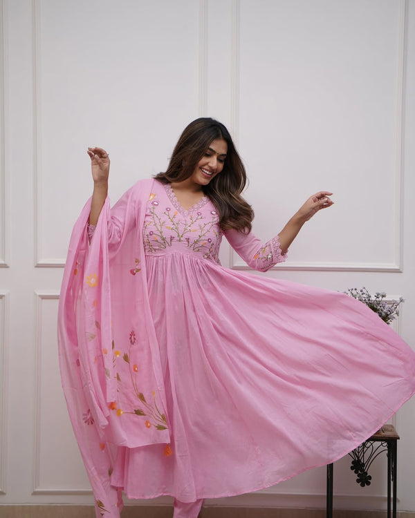Women's Pink Floral Detail Anarkali Suit Set with Dupatta