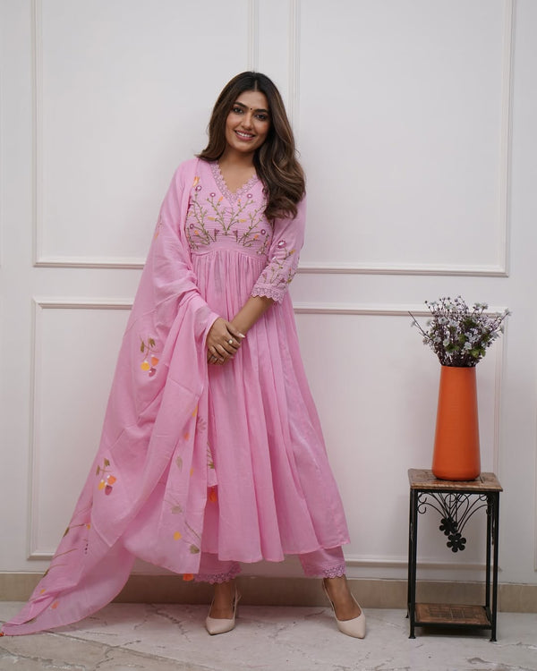 Women's Pink Floral Detail Anarkali Suit Set with Dupatta