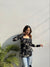 Black viscose rayon printed tunic featuring a square neckline