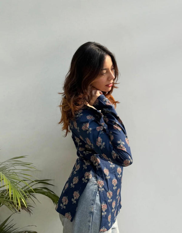Navy Blue Floral Print Full-Sleeve Ethnic Tunic