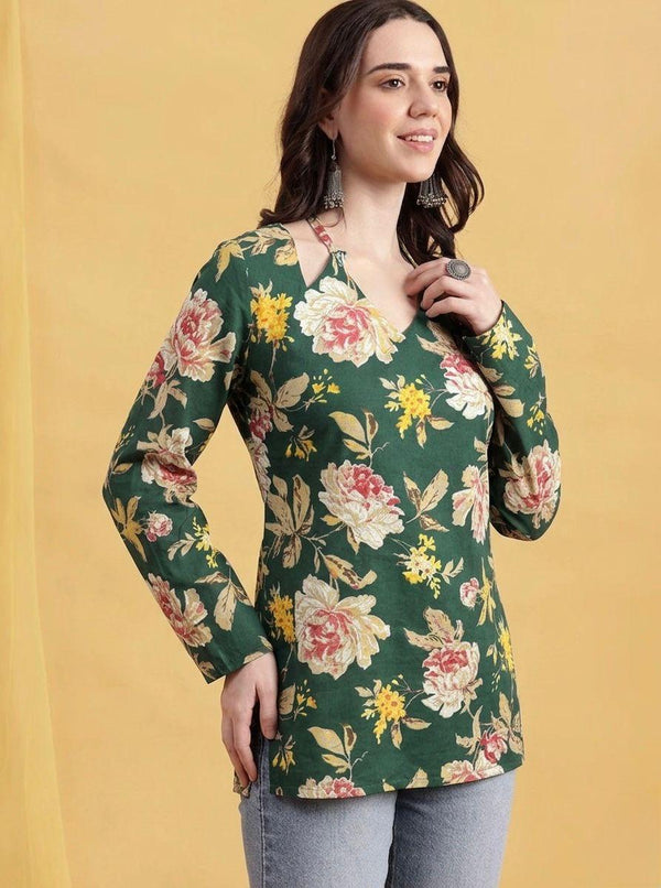 Emerald Blossom Cold-Shoulder Kurti