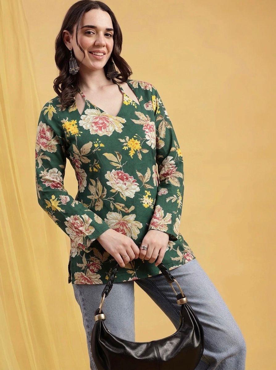 Emerald Blossom Cold-Shoulder Kurti