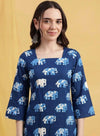 Navy Blue Elephant Print Square Neck Short Kurti
