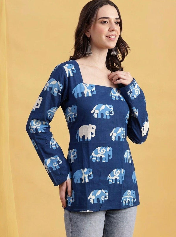 Navy Blue Elephant Print Square Neck Short Kurti