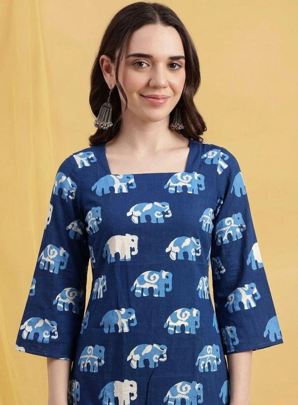 Navy Blue Elephant Print Square Neck Short Kurti