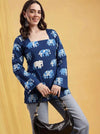 Navy Blue Elephant Print Square Neck Short Kurti
