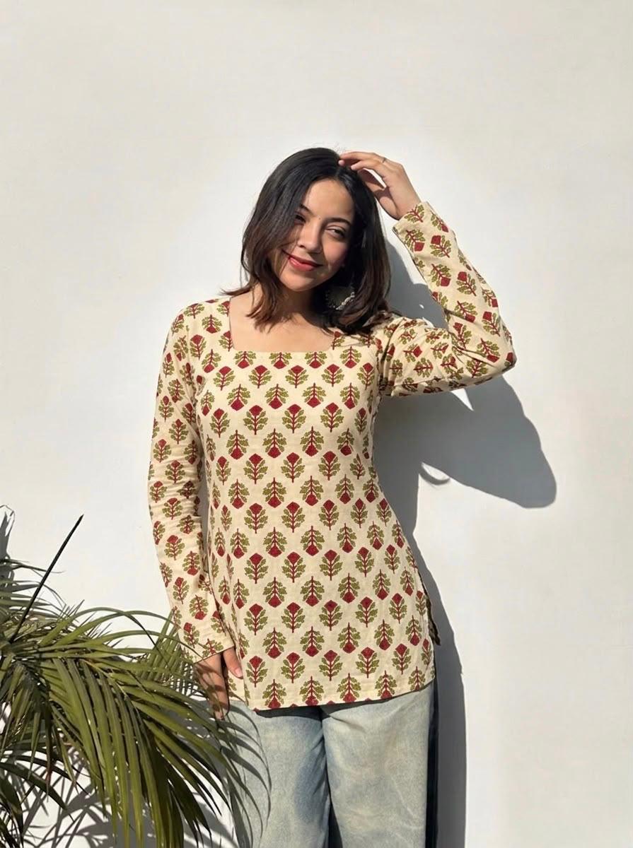 Cream Red Floral Booti Square Neck Short Kurti