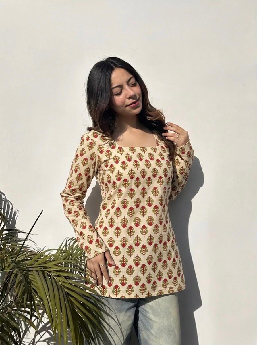Cream Red Floral Booti Square Neck Short Kurti