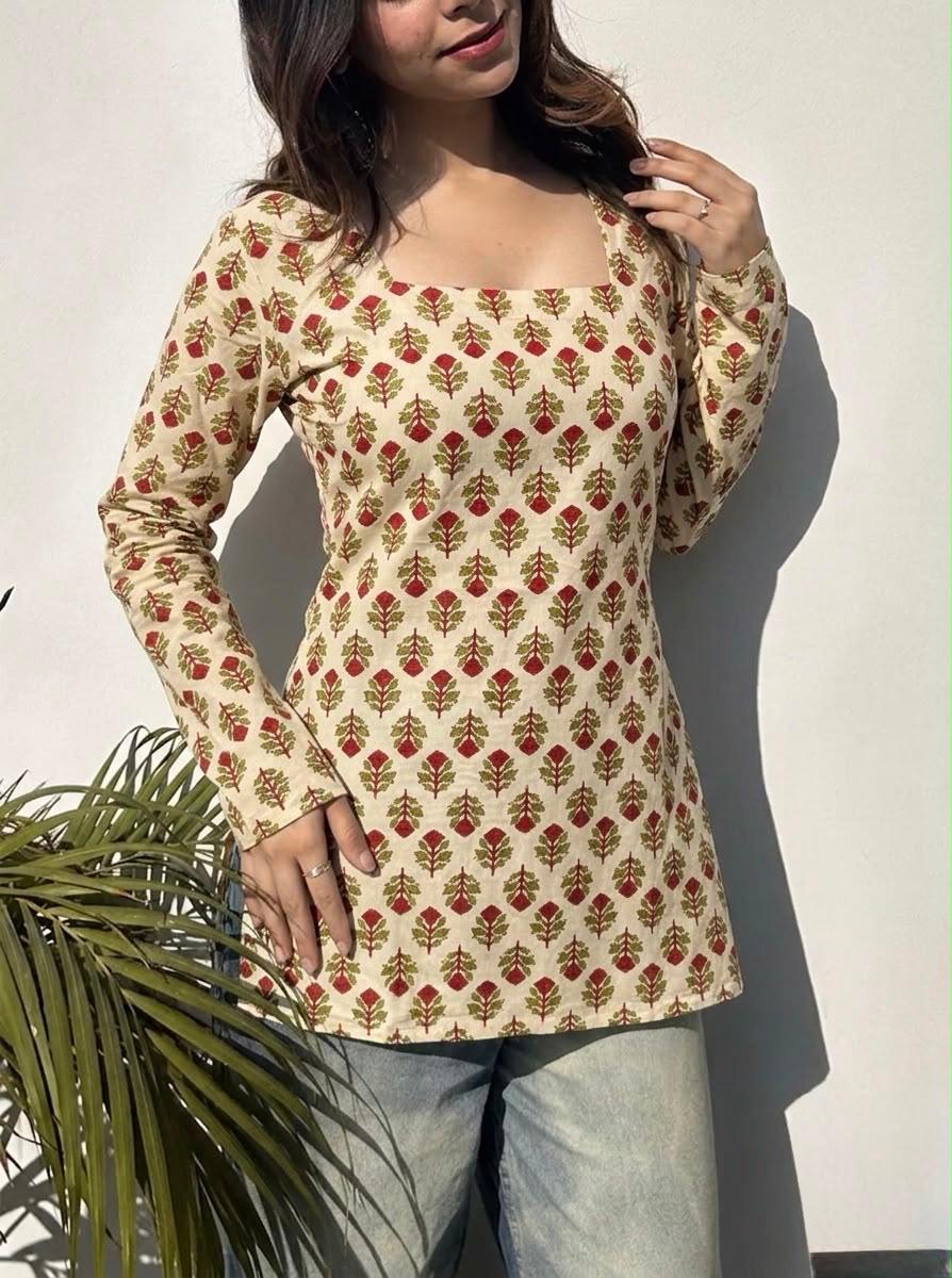 Cream Red Floral Booti Square Neck Short Kurti