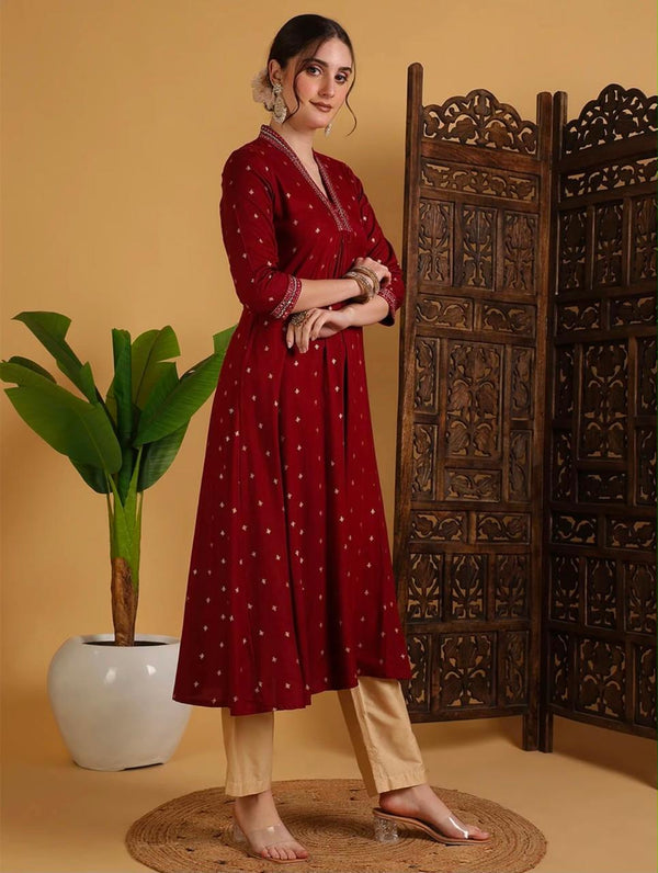 V-Neck Pleated A-Line Kurta
