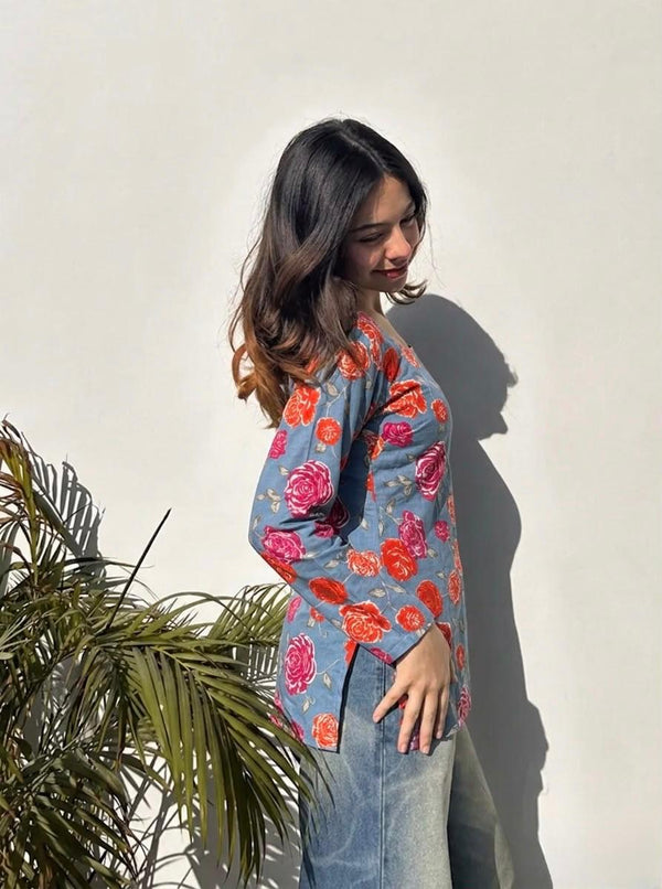 Sky Blue Floral Print Viscose Rayon Tunic Top