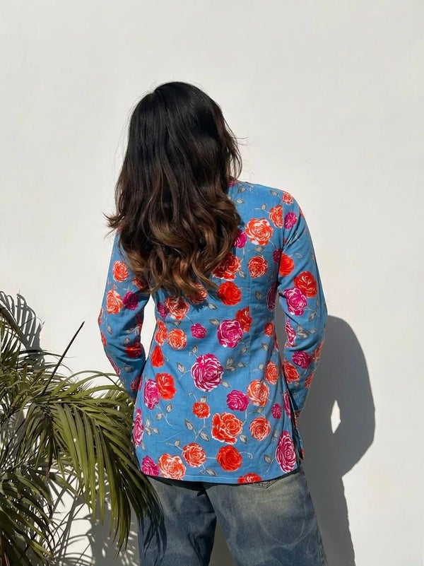 Sky Blue Floral Print Viscose Rayon Tunic Top