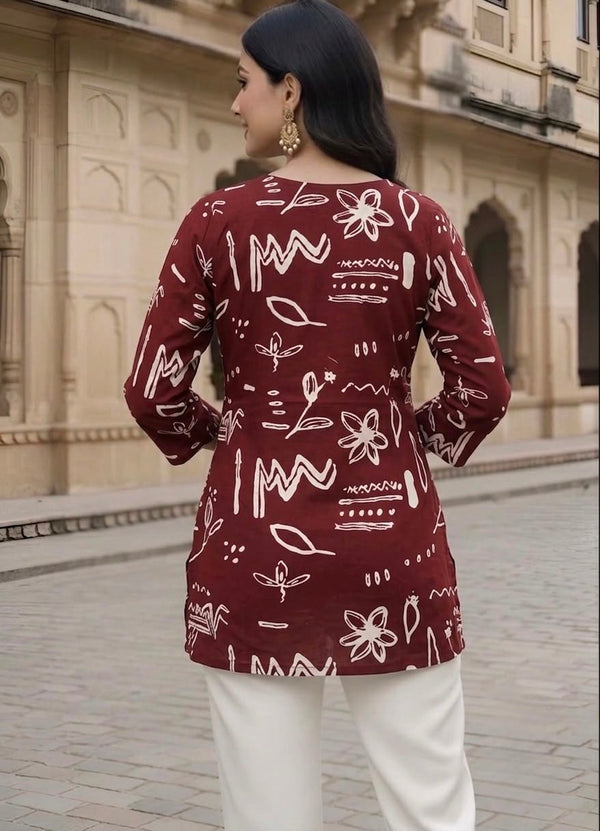 Women's Maroon Abstract Print Long Sleeve Tunic Top