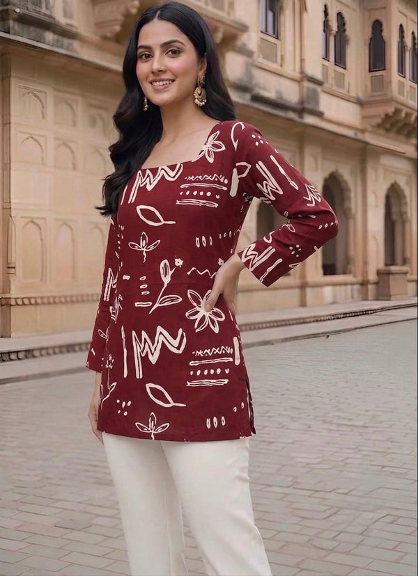 Women's Maroon Abstract Print Long Sleeve Tunic Top