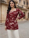 Women's Maroon Abstract Print Long Sleeve Tunic Top