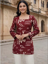 Women's Maroon Abstract Print Long Sleeve Tunic Top