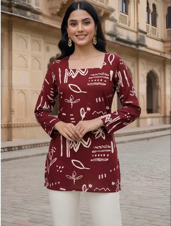 Women's Maroon Abstract Print Long Sleeve Tunic Top
