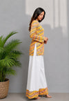 Women's Yellow Multicolour Printed Short Kurti & White Palazzo Set