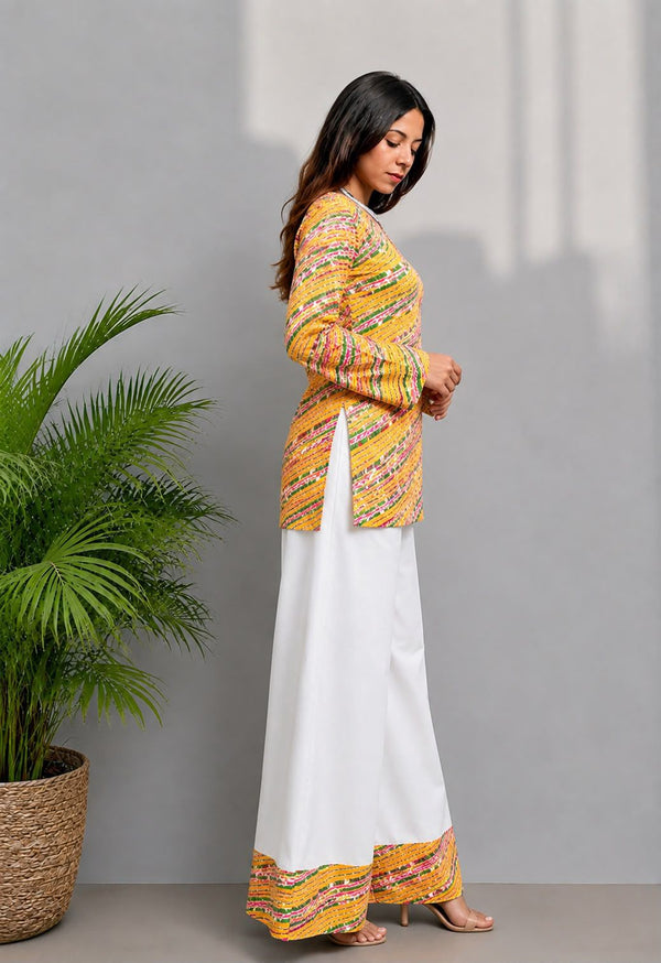 Women's Yellow Multicolour Printed Short Kurti & White Palazzo Set