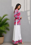 Women's Pink Multicolour Printed Short Kurti & White Palazzo Set