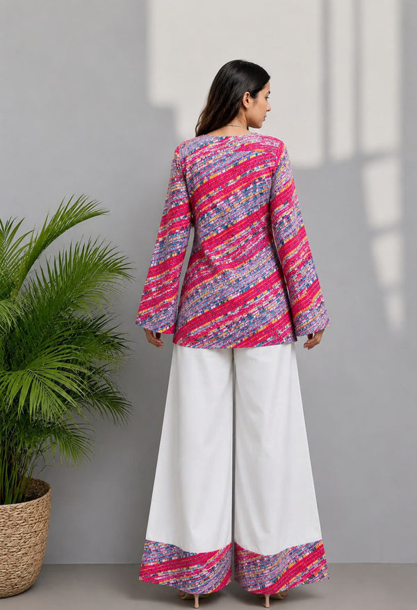Women's Pink Multicolour Printed Short Kurti & White Palazzo Set