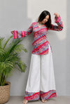 Women's Pink Multicolour Printed Short Kurti & White Palazzo Set