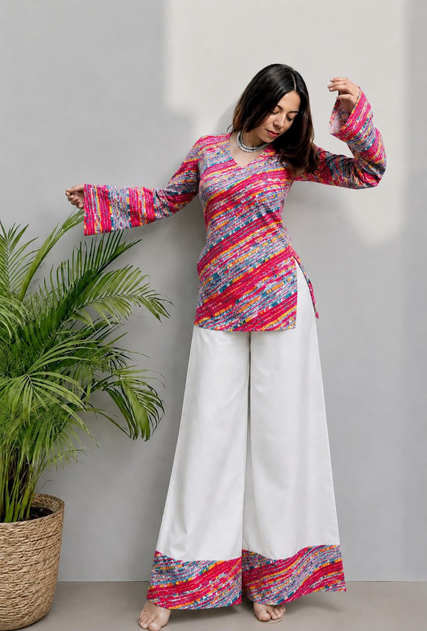 Women's Pink Multicolour Printed Short Kurti & White Palazzo Set