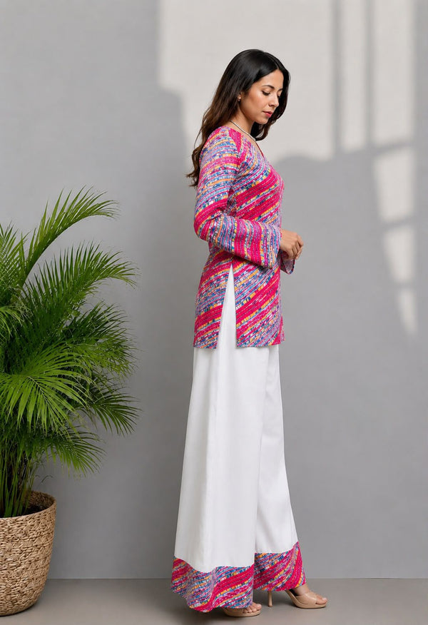 Women's Pink Multicolour Printed Short Kurti & White Palazzo Set
