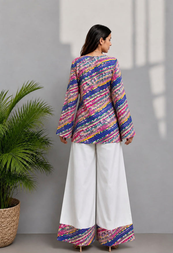 Women's Navy Multicolour Printed Short Kurti & White Palazzo Set