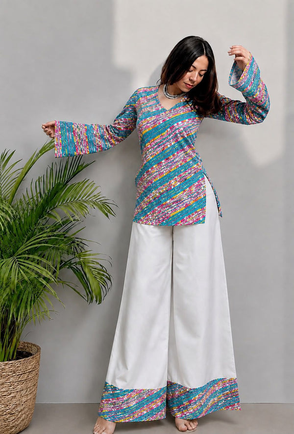 Women's Teal Multicolour Printed Short Kurti & White Palazzo Set