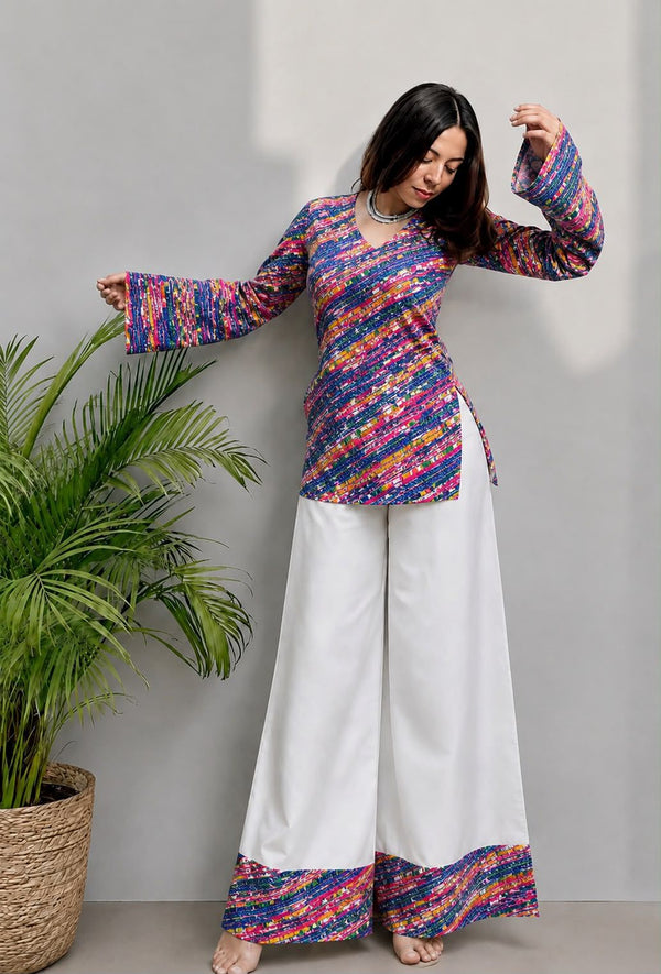 Women's Navy Multicolour Printed Short Kurti & White Palazzo Set