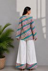 Women's Teal Multicolour Printed Short Kurti & White Palazzo Set