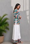 Women's Teal Multicolour Printed Short Kurti & White Palazzo Set
