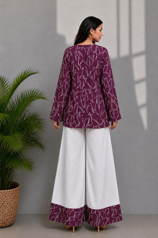 Women's Burgundy Abstract Print Kurti & White Palazzo Set