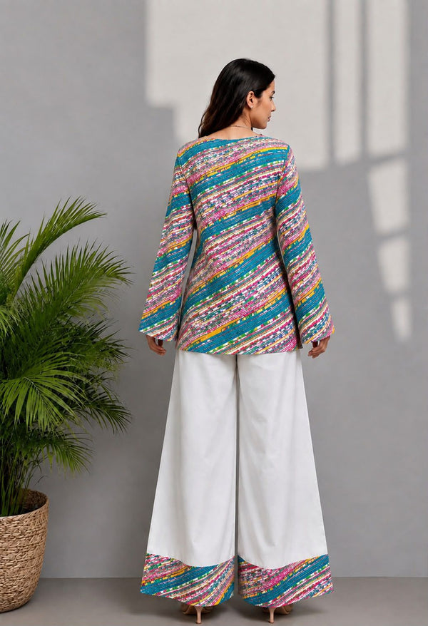 Women's Teal Multicolour Printed Short Kurti & White Palazzo Set