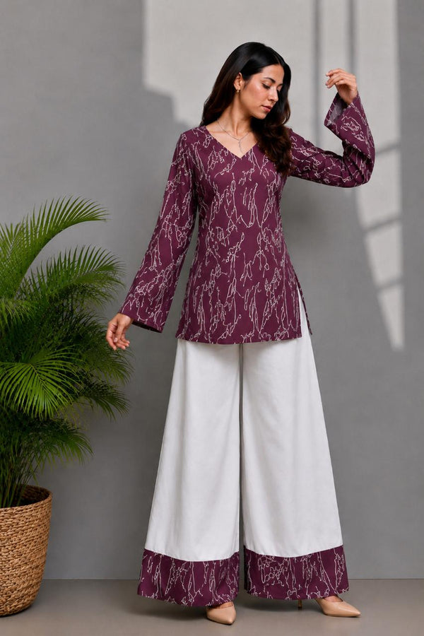 Women's Burgundy Abstract Print Kurti & White Palazzo Set